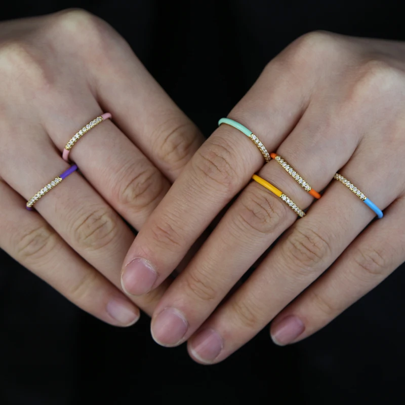 Delicate Gold Plated Fine Jewelry Micro Pave Cubic Zirconia Candy Rainbow Enamel Wave Stacking Ring For Women