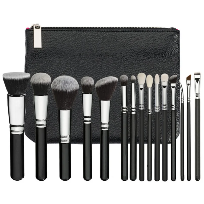 Professional Wood Handle Natural Hair 15pcs Makeup Brush Set with Luxury Cosmetic PU Bag