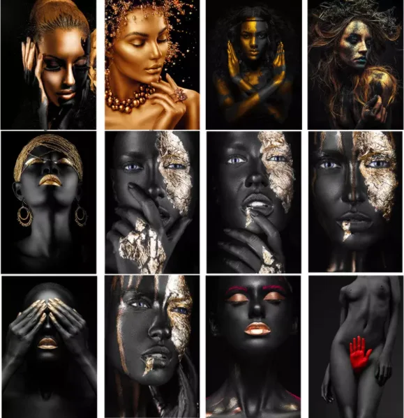 Customizable African women canvas wall art black gold home decor african woman portrait oil painting