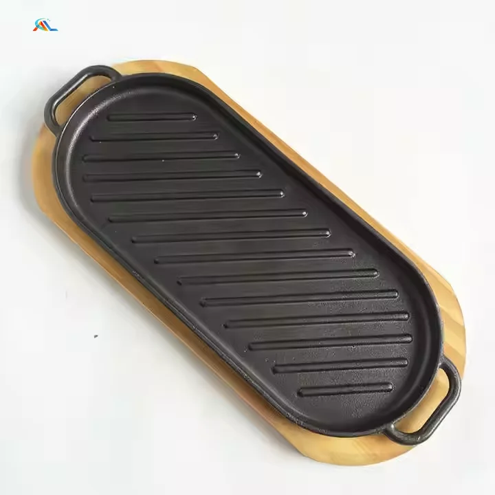 Kitchen Cookware 22/30/38cm Cast Iron Steak Pan Grill Pan Cooking Plate with Wooden Tray