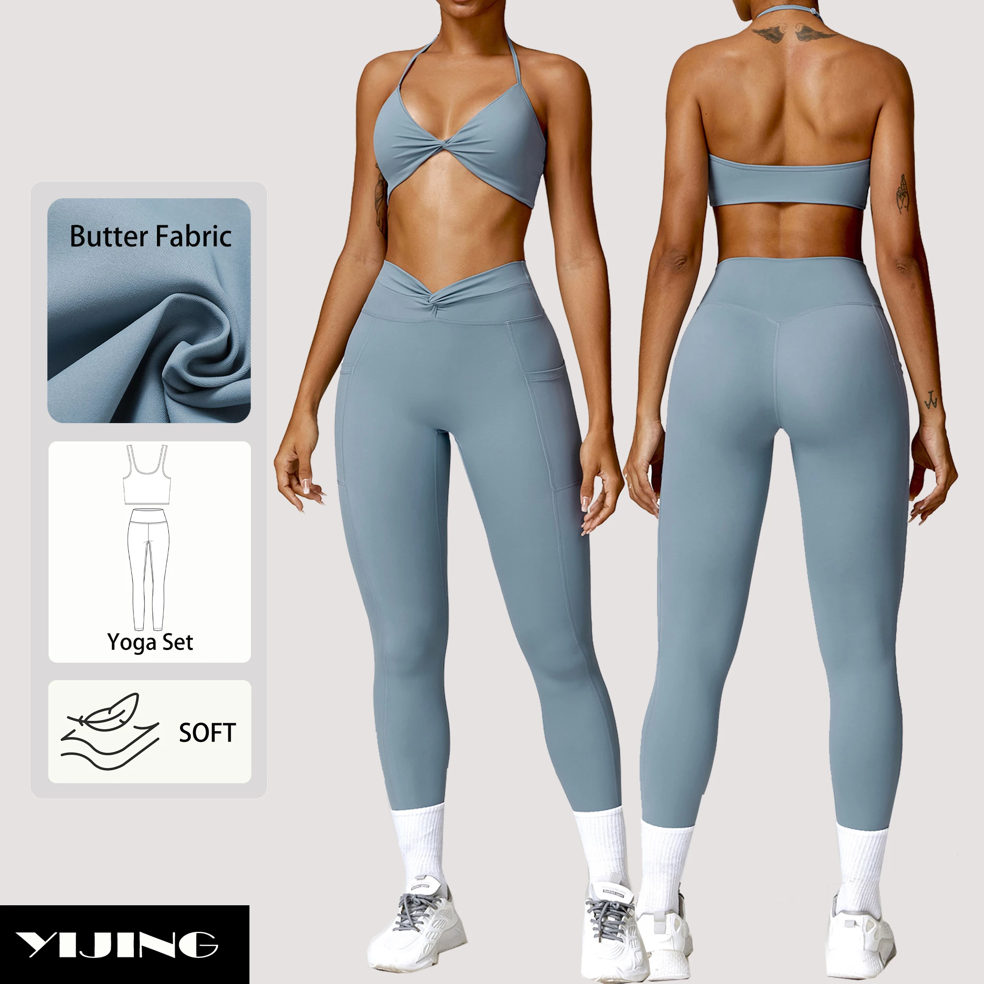 Custom Gym Fitness Set Yoga Wear Twist Bust Sportswear Women plus size Yoga Legging Set Halter Neck Sports Bra