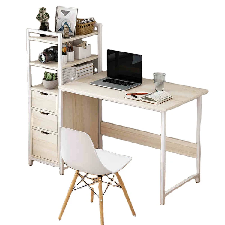 Wooden Office Desk Study Writing Home Steel Wood Desktop Computer Table with Shelf and Drawers