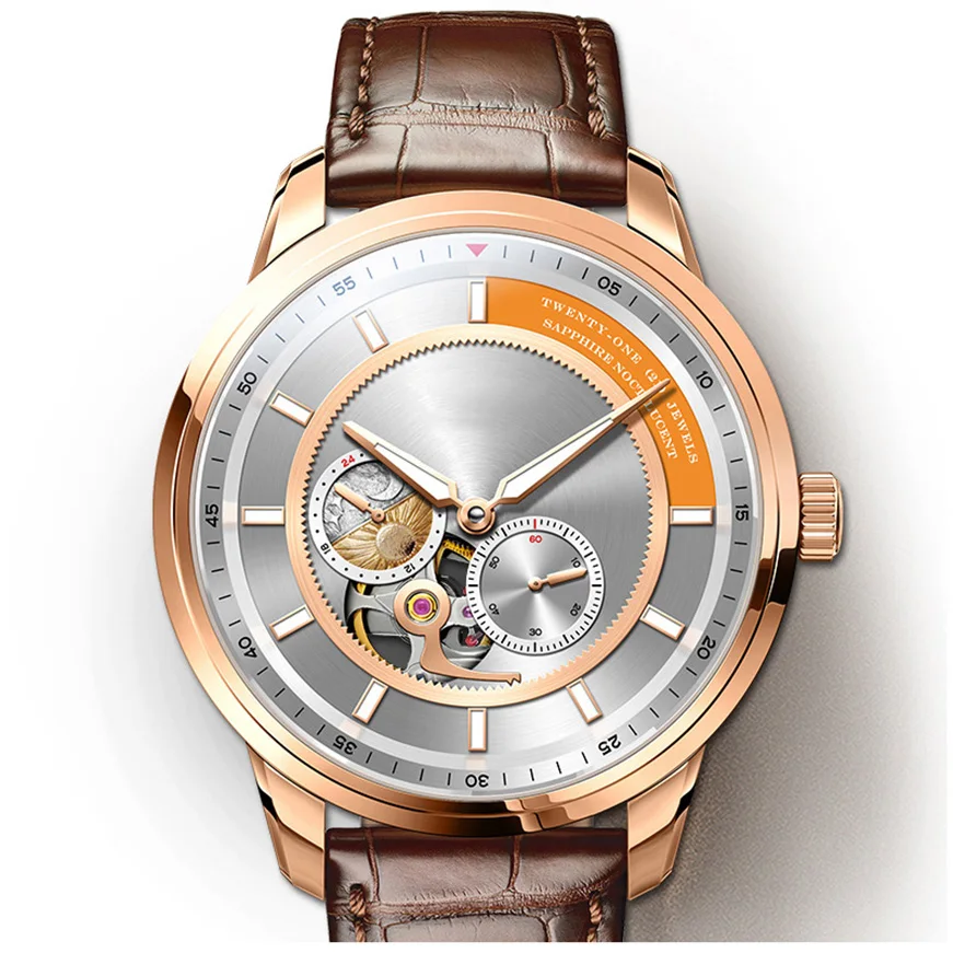 Luxury stainless steel case skeleton flywheel 24 hour show waterproof men automatic mechanical watch