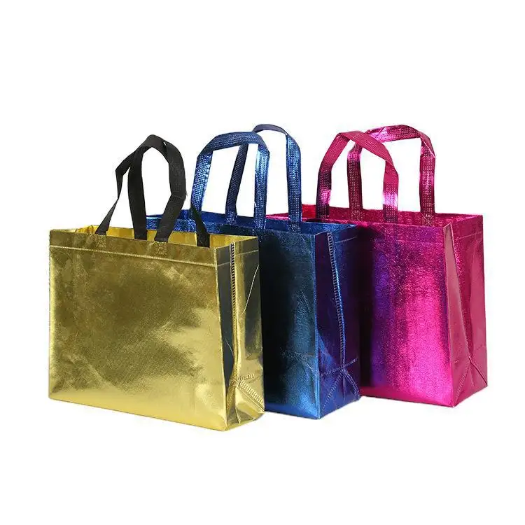Wholesale Custom Logo Promotional Metallic Grocery Bag Foil, Rose Gold PP Woven Bags Laminated TNT Metallic Silver Tote Bags/