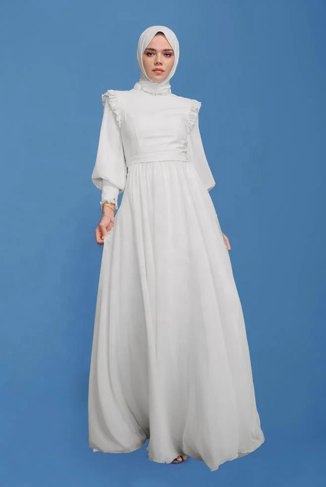 Custom design round collar gathers white balloon sleeve belted chiffon modest solid color muslim women hijab dress