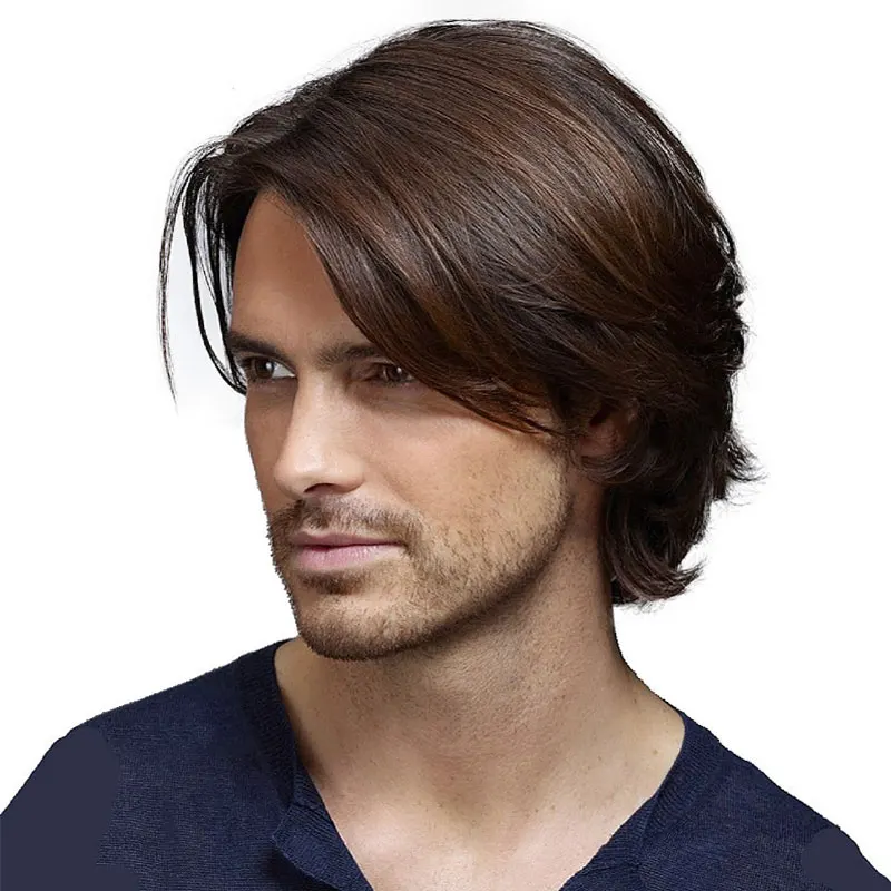 120 Density Black Brown Natural Wave Synthetic Man Wigs Machine Made Hair for Party,Factory Wholesale Lifelike Cheap Wig