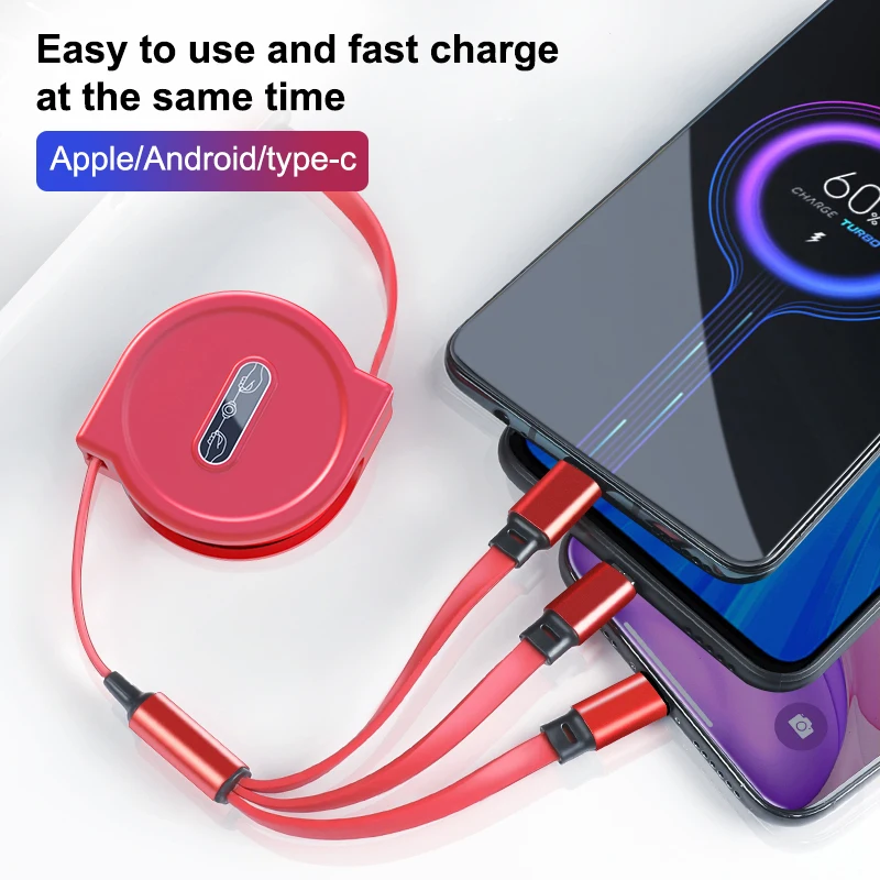 Retractable usb charging cable 3 in 1 Pearl Light 2.4A fast charging data cable factory customized logo charging cable