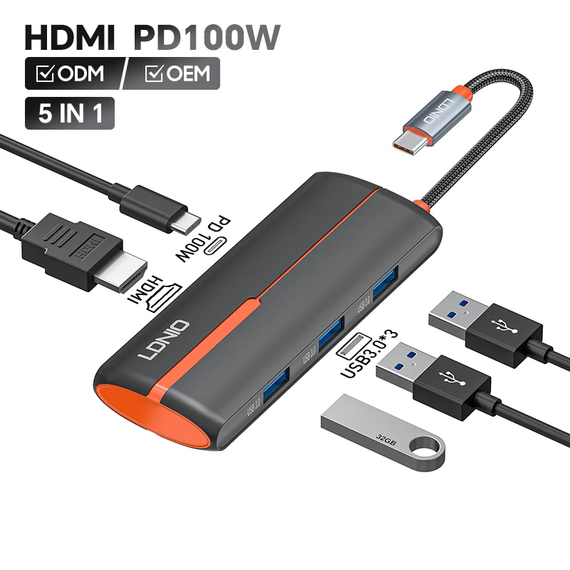 LDNIO заводская настройка Привлекательная цена USB C на HDMI 4K USB3.0 PD 5 в 1 концентратор Type-C 5 в 1 адаптер для ноутбука
