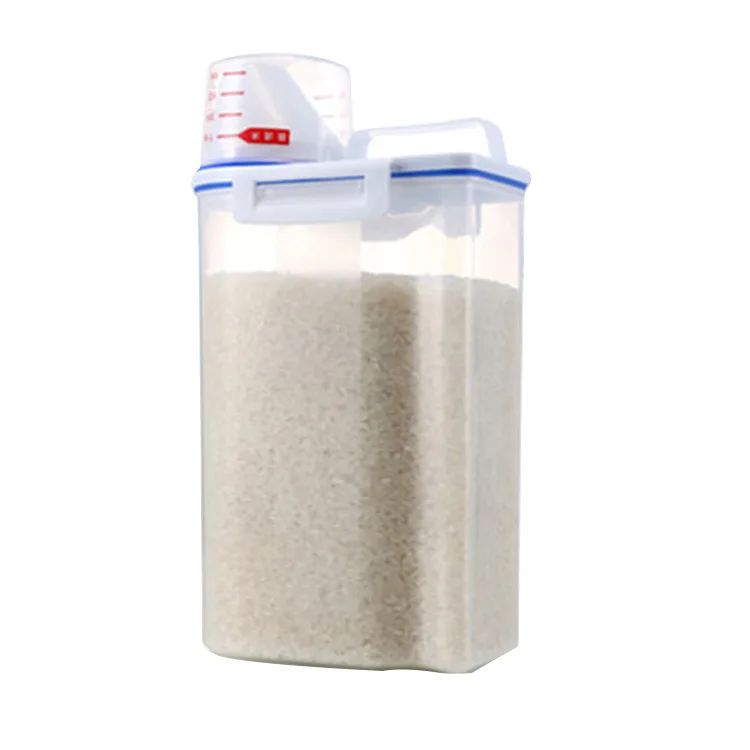 Rice Container Bin with Pour Spout Plastic Clear 2KG or 1.5KG Portable Dumpable Dry Grain Storage Tank with Measuring Cup