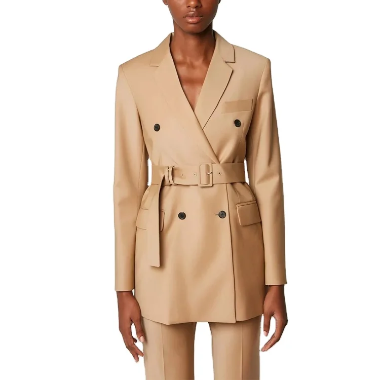 Office ladies elegant khaki notched lapel belted waist double breasted back slit blazer