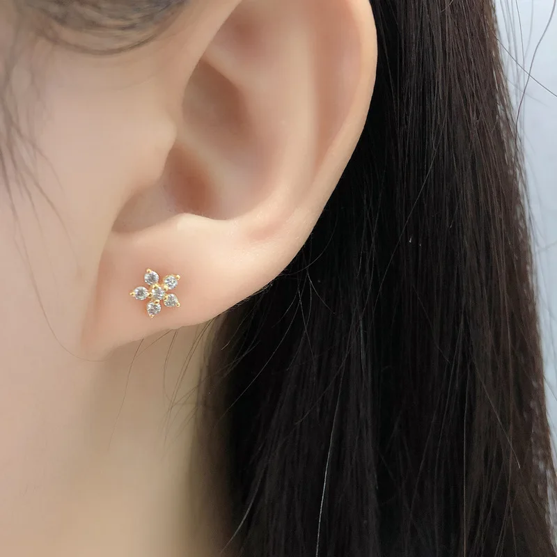 Fashion 925 Sterling Silver Jewelry Gold Plated Piercing Studs Earrings Mini Diamond Flower Studs Screw Back Stud Earrings