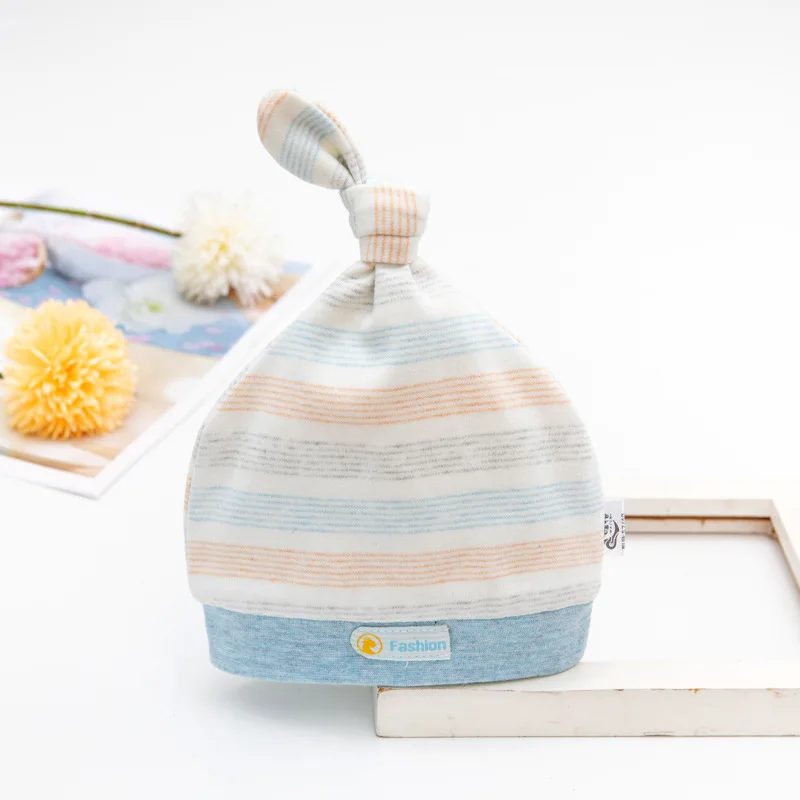 Лидер продаж, детская Шапка-бини из хлопчатобумажной ткани, осенне-зимняя шапка с узелком, шапка в полоску для малышей от 0 до 12 месяцев