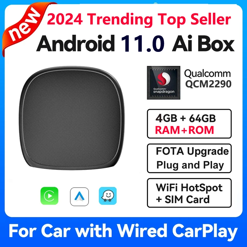 M1 Best Car Ai box Android 11 4+64G 4g-SIM LTE GPS Wireless Carplay adapter Multimedia car play box with Apps Netflix & Youtube