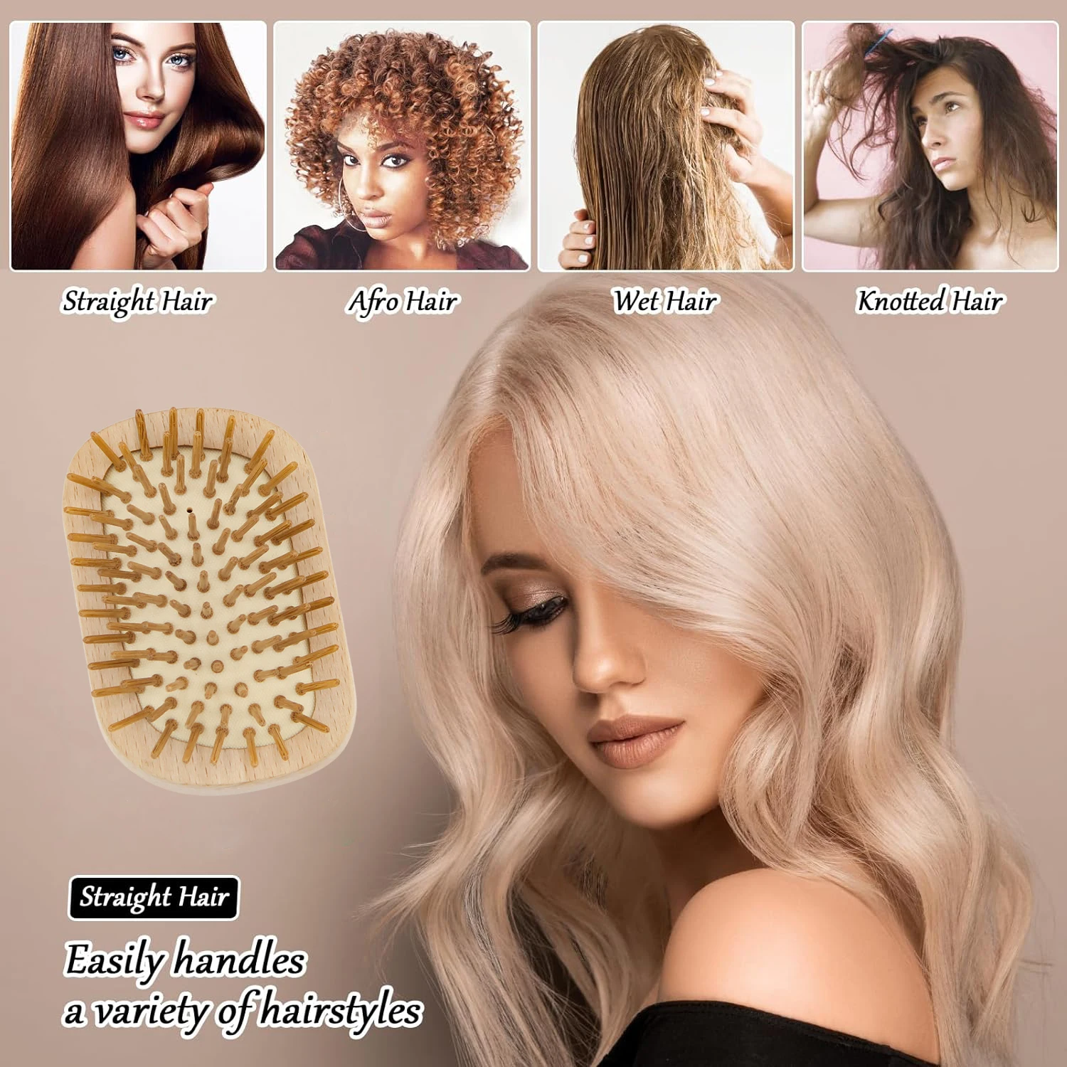 Hot Sale Portable Round Shape Bamboo Wood Hair Brush Natural Bamboo-teeth Hair Detangling Brush for Women Men Children