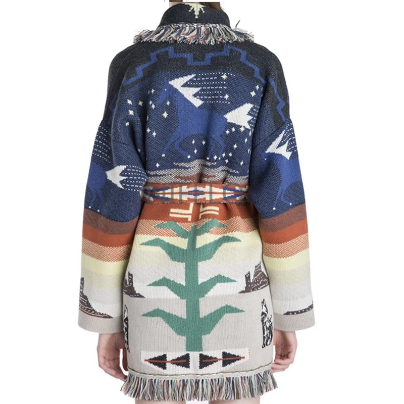 Women Winter Vintage Wolf Printed Long Sleeves Plus Size Cashmere Sweater Cardigan