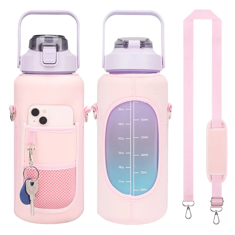 64oz 2L half gallon motivational water bottles cover sleeve thermos Strap neoprene water bag sleeve with Phone Holder