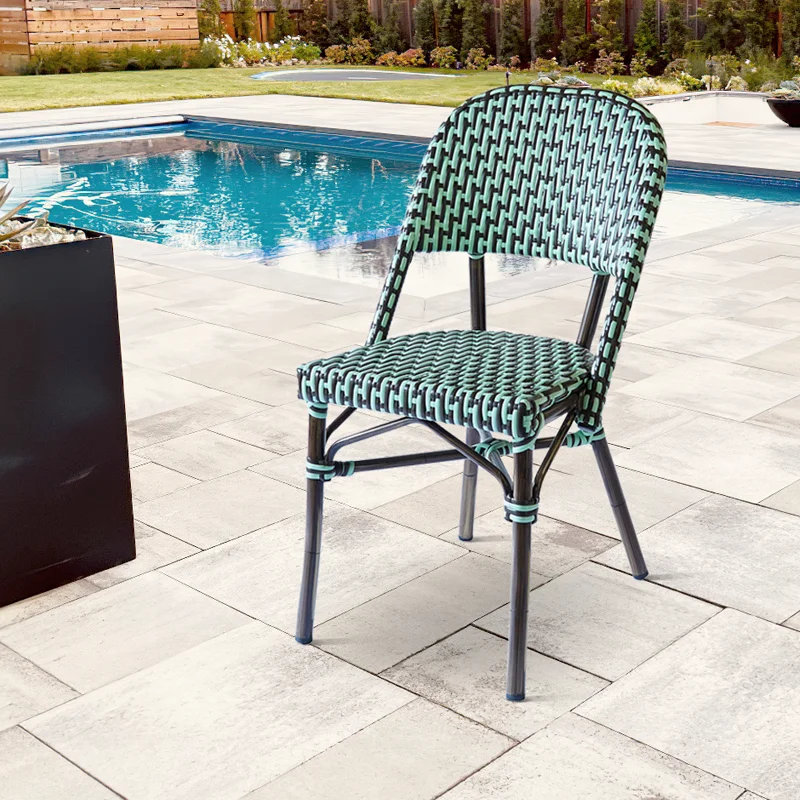 Modern French Patio Cafe Wicker Dining Furniture Outdoor Garden Aluminum Green Restaurant Rattan Bistro Chair