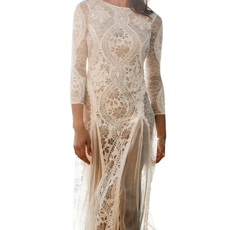 Modern design beautiful lady long sleeve sexy backless lace wedding dress ball gown