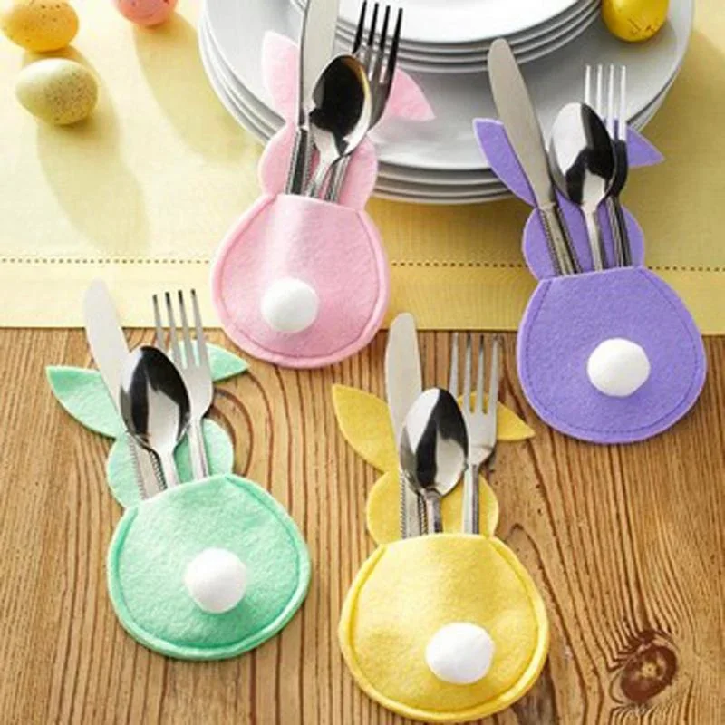 4pcs Easter Bunny Felt Cutlery Bag Cute Rabbit Knife Fork Holder Tableware Organizer Easter Festival Party Home Table Decoration