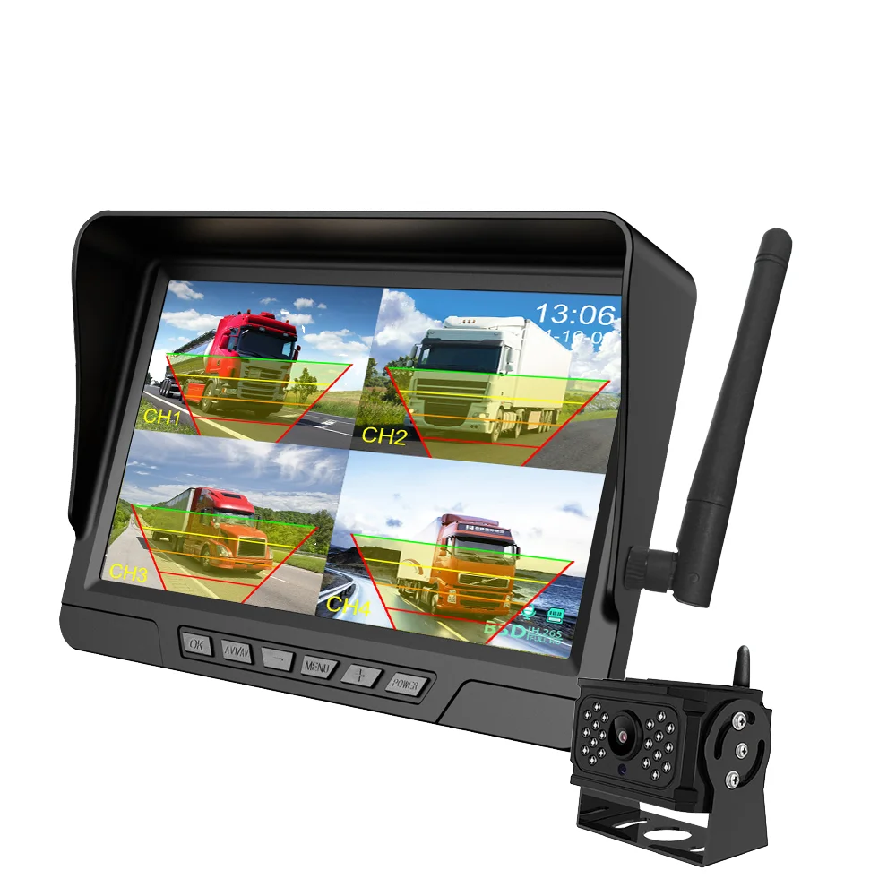 Wireless 7' Blind Spot Alarm AHD Monitor Screen DVR Record IR Night Vision Reverse Backup Camera 4CH For Truck/Bus/RV/SUV