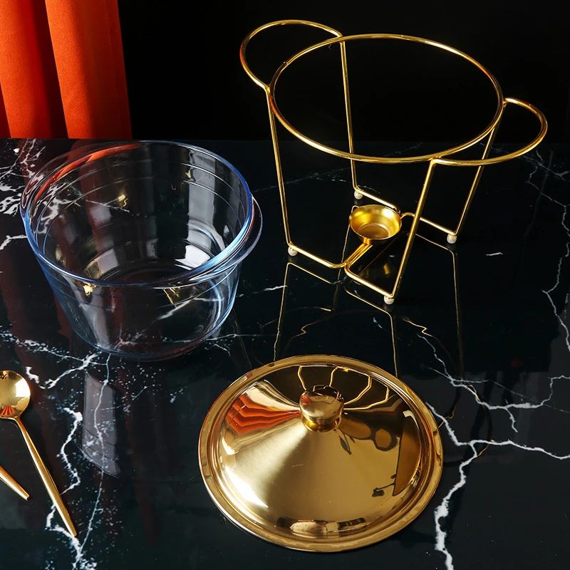 Round Buffet Soup Warmer Chafer Set Glass Food Pan Dishes with Ladle 4L Gold Chafing Dish for Wedding Parties Banquet Catering