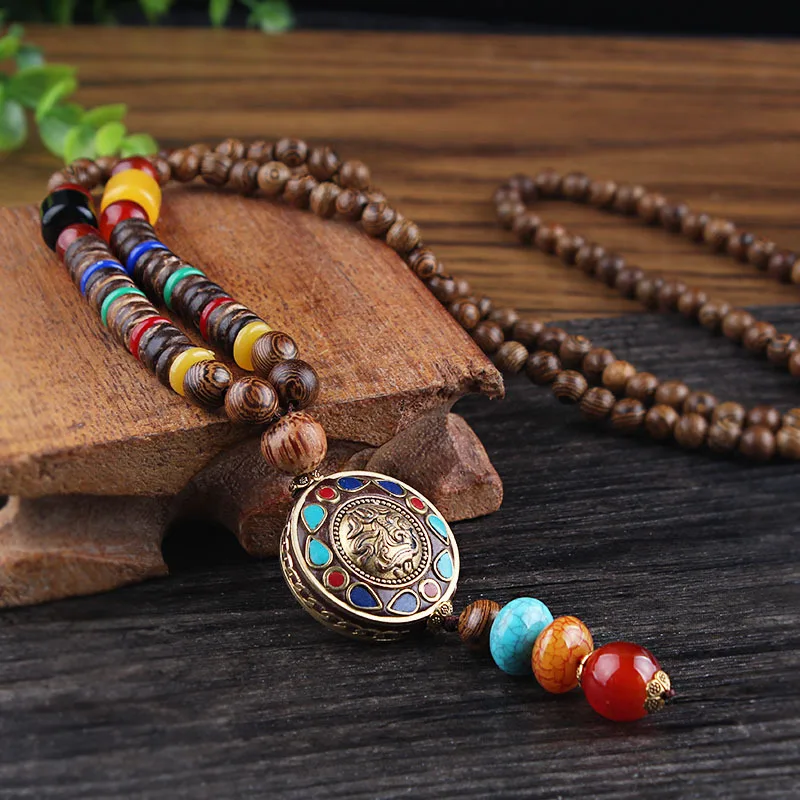 PUSHI nepal Vintage Ancient Natural Stone pendant geometrical wooden beads necklace jewelry bohemian long necklaces