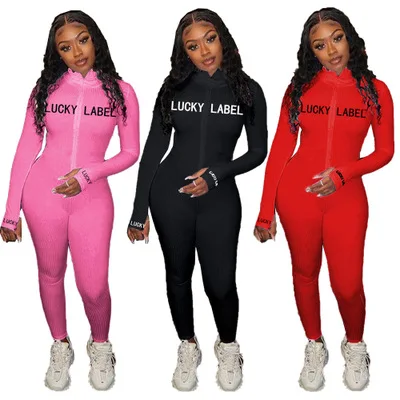 Summer female casual club wear long sleeve LUCKY LABEL embroidery long jumpsuit
