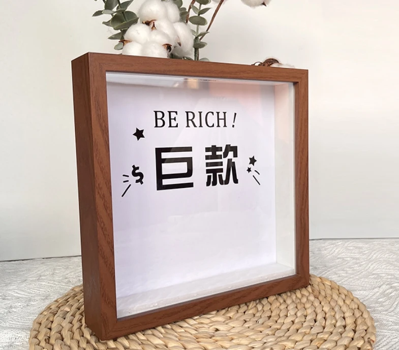 Wholesale Square Wooden Saving Money Box Photo Frame Shadow Box For Kids Gift