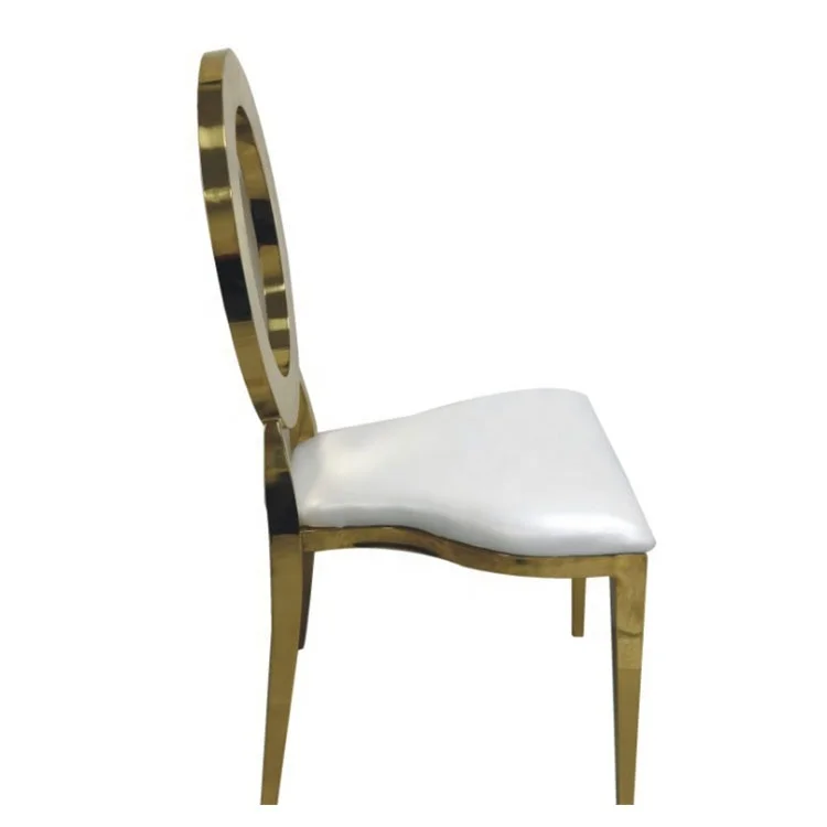 High back leather cushion stainless steel elegant dining banquet chairs events gold oval back wedding chairs