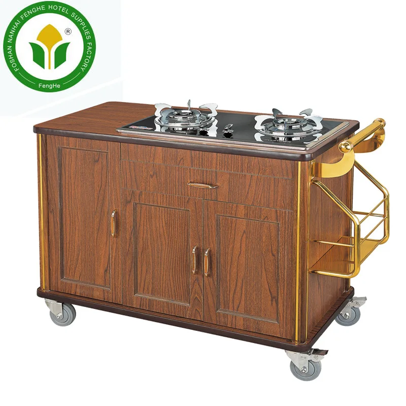 Restaurant gas stove cherry red wooden flambe cooking trolley
