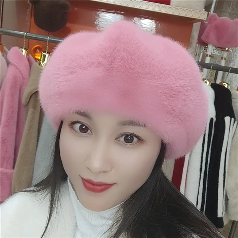 Manufacturers Wholesale Unisex Octagonal Hat Black Beret with Winter Tide Display Imitation Mink Hair with Small Bud for Fishing