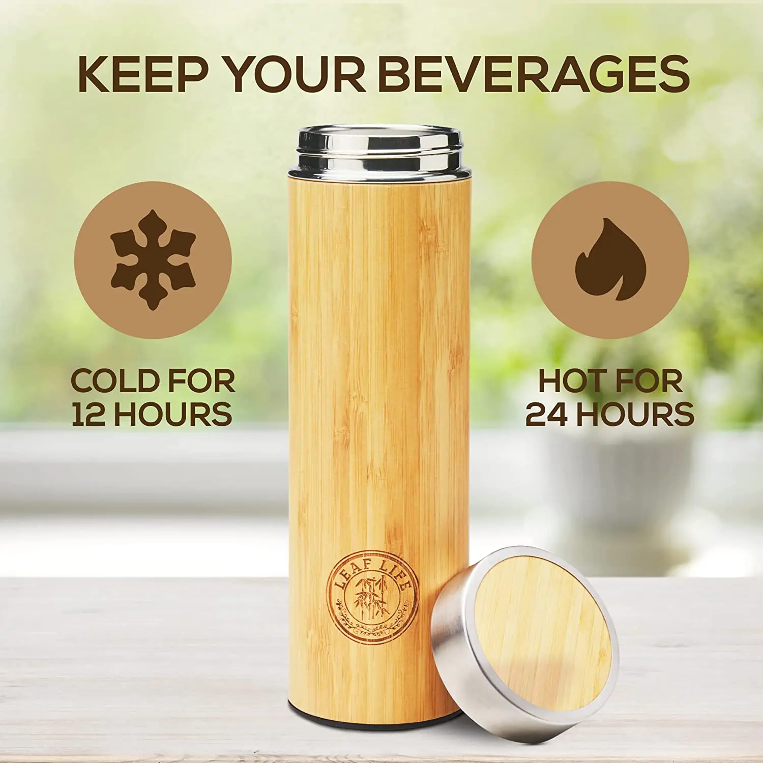 Eco Friendly water bottle Bamboo Wood sleeve Stainless Steel Vacuum Insulation Thermal Flask with Tea Infuser