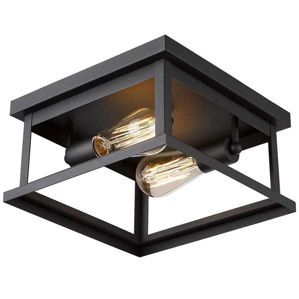 Modern Crystal Design Matt Black 2-Light Square Ceiling Lamp Flush Mount Indoor Home Lighting for Living Room