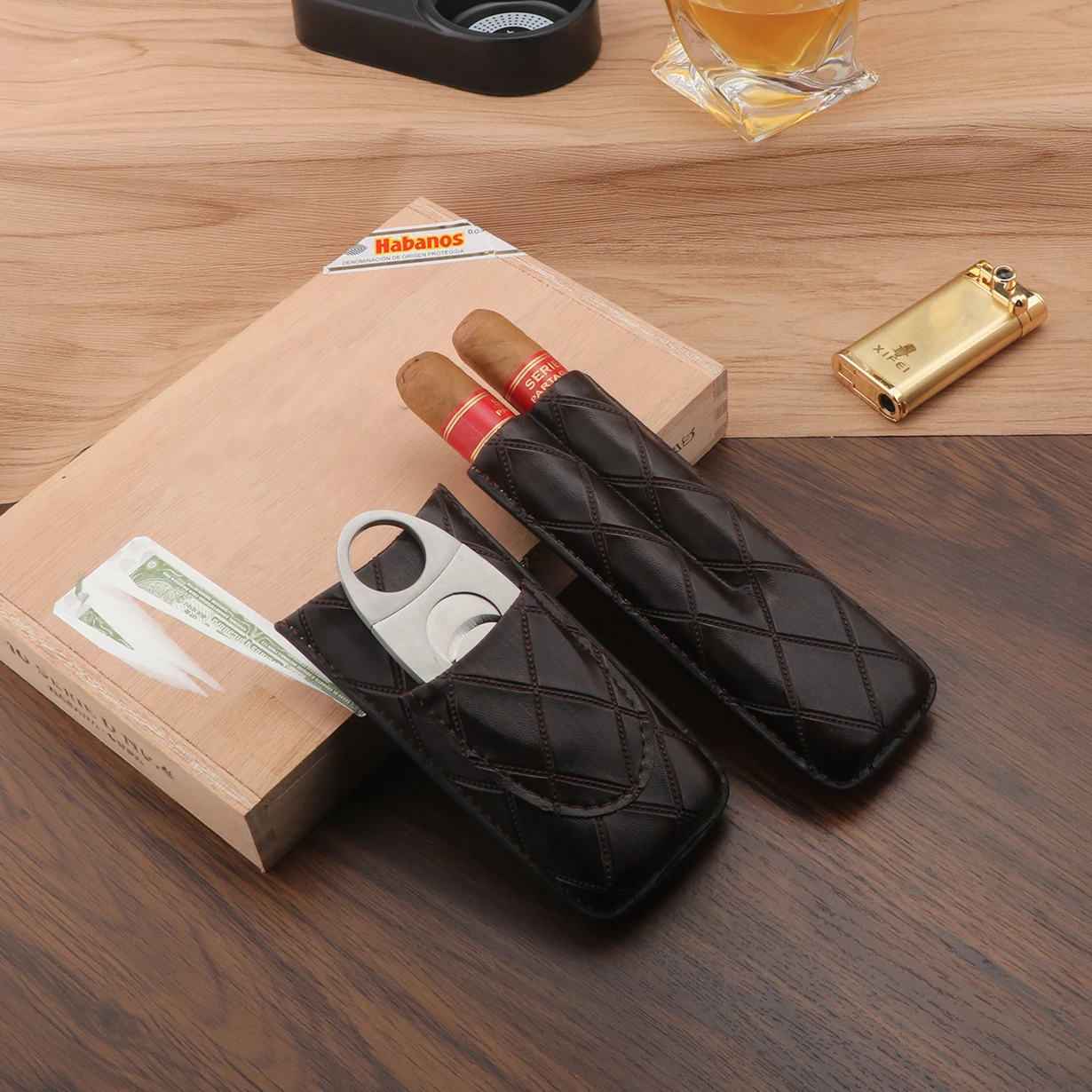 Xifei Handmade 2 Finger Black Travel Leather Cigar Case Cigar Tube Humidor
