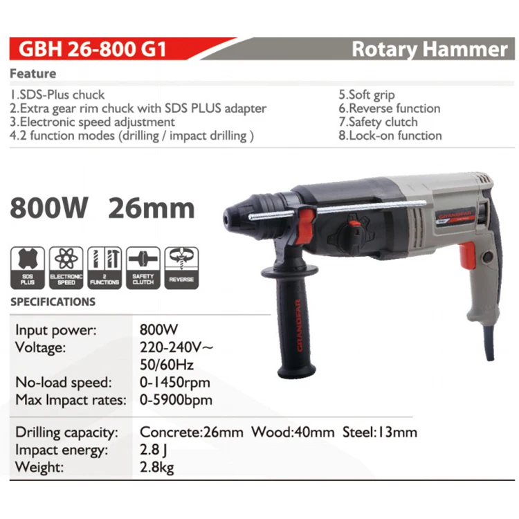 GRANDFAR Hot Sale 800W Mini Demolition Electric Hand Hammer Electric Drill Electric Hammer