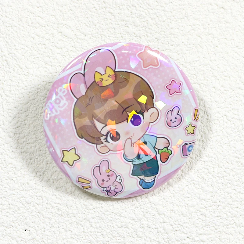 custom cartoon anime hologram tinplate button pins  colorful Pin Badge With Safty Pin Star Shape  holographic badges