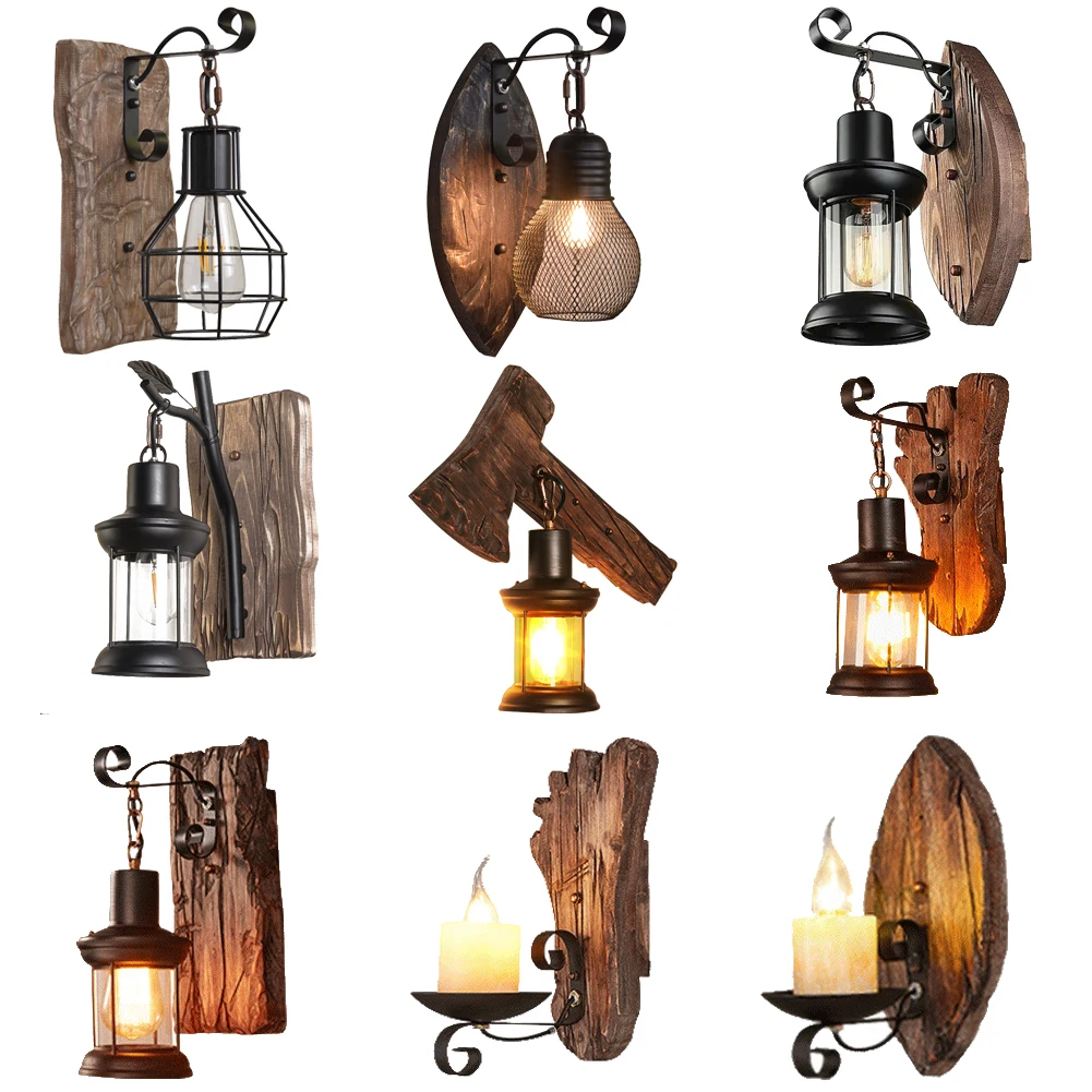 Natural Solid wood industrial vintage wooden wall sconce personality bar home corridor decorate metal painting retro wall light