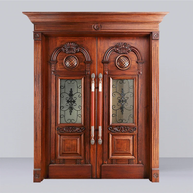 High quality double entry hard wood doors design pictures new models luxury exterior glass inserts polish color main wooden