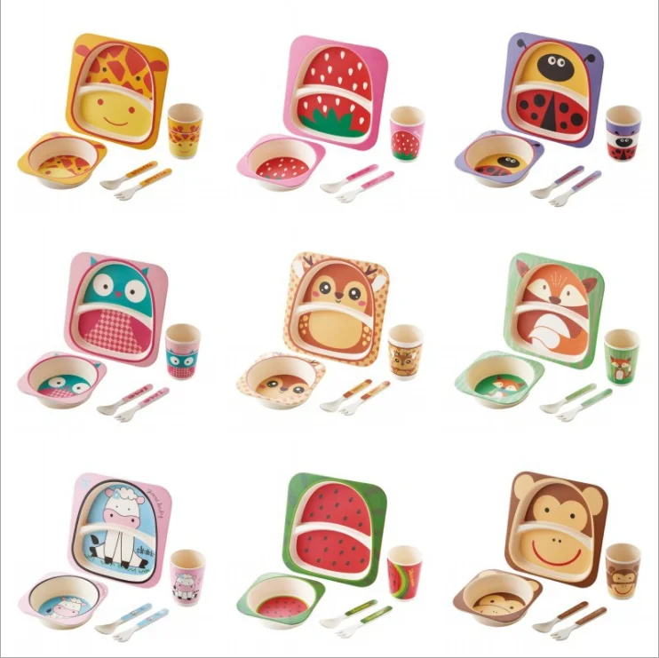 Bamboo fiber cartoon degradable tableware set kids plate bowl and