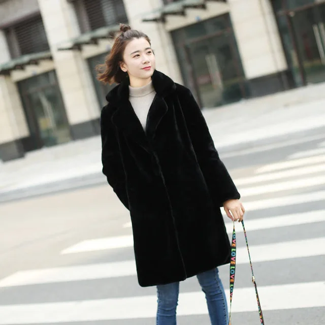 Plus Size Women Mink Faux Fur Coat Solid Female Turn Down Collar Winter Warm Fake Fur Lady Coat Casual Long Jacket
