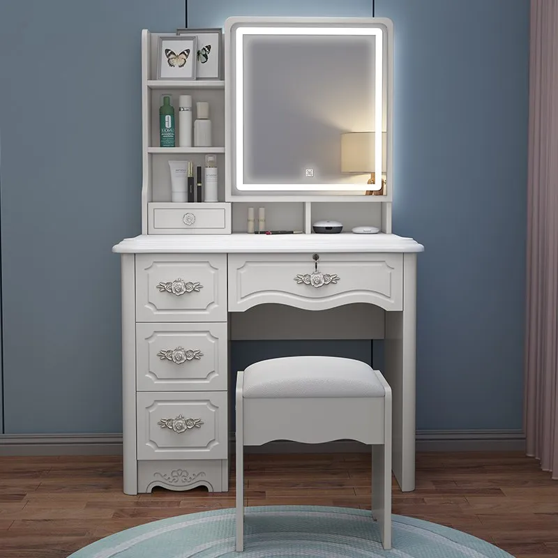 
MDF Cherry Mirrored Dressing Table with LED sliding Mirror 