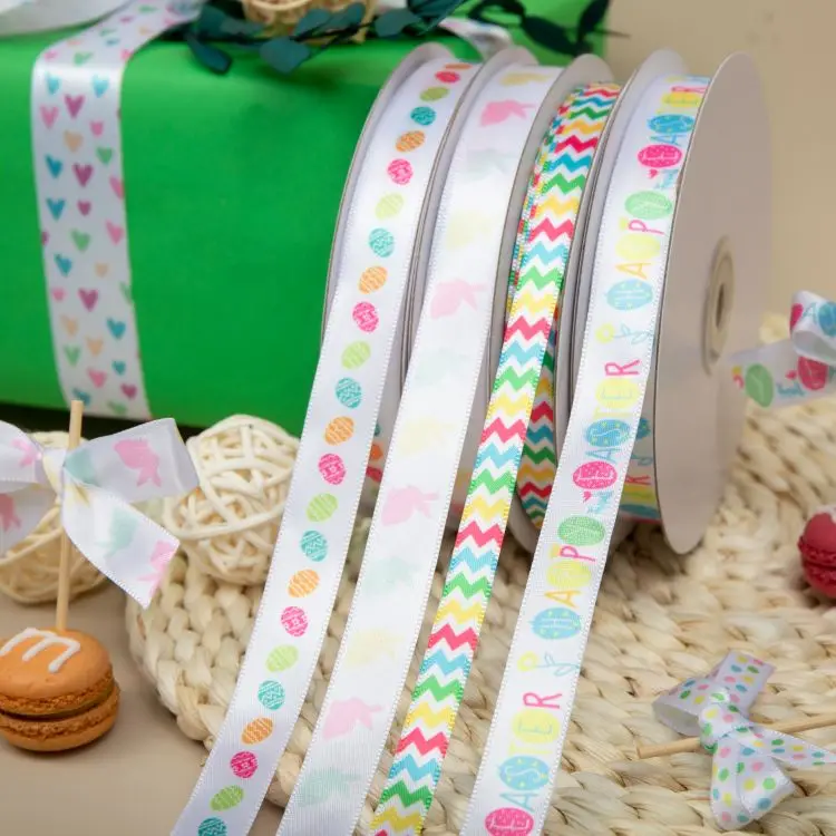 Custom printed Easter  day polyester 1cm satin ribbon webbing 3 Inch 75mm Wide Flamingo Printed Recycled Custom Ribbon For Hair