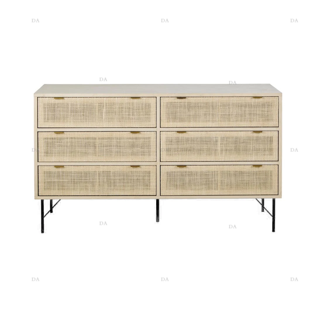 Modern Natural Storage Rattan Corner Cabinet 6 Drawer Metal Leg Recycled Pine Living Room Cabinets