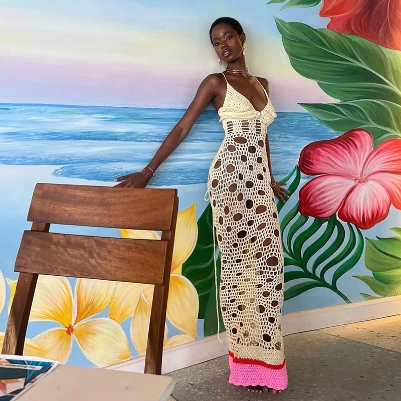 2024 Handmade Women Sexy Crochet Beach Dress Vacation Outfits See Through Hollow Knit Backless Maxi Dresses Summer Clothes