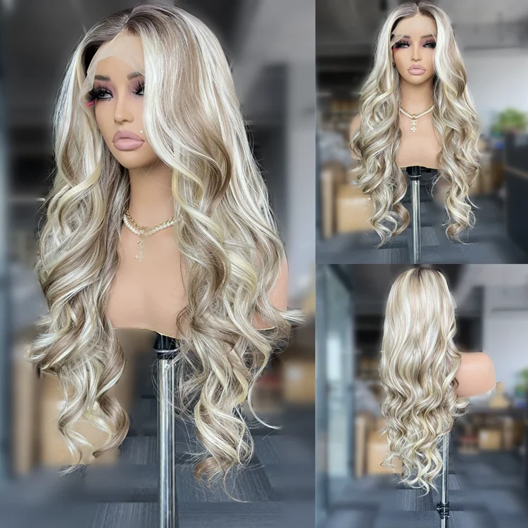 Long blonde wig Wave 13x4 heat resistant synthetic lace front wig curtain fringe