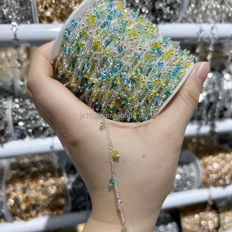 stainless steel crystal beads chain for jewelry making yellow blue mix beaded chain DIY necklace accessories