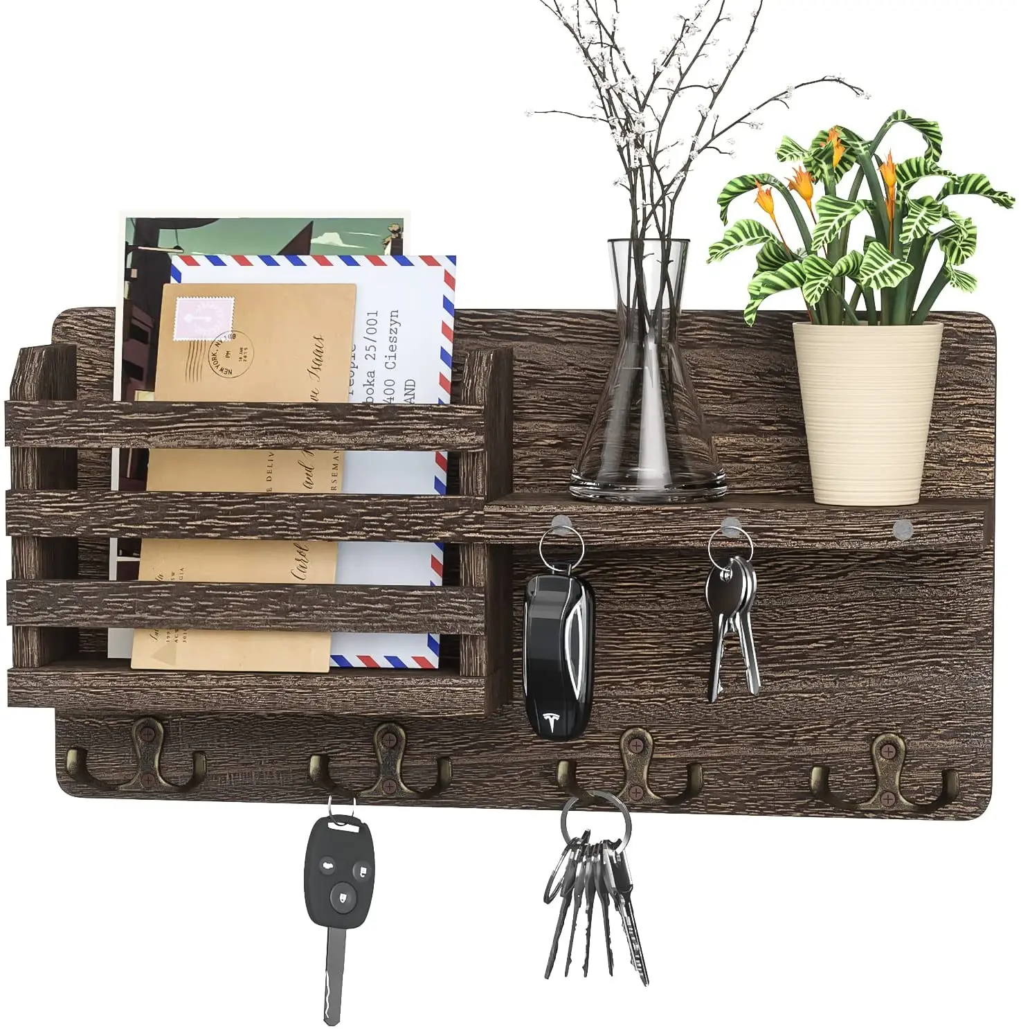 Key Holder for Wall with Magnet Hanging Rustic Wooden Mail Holder with Key Hooks Wall Mounted Key Hanger Organizer for Entryway,