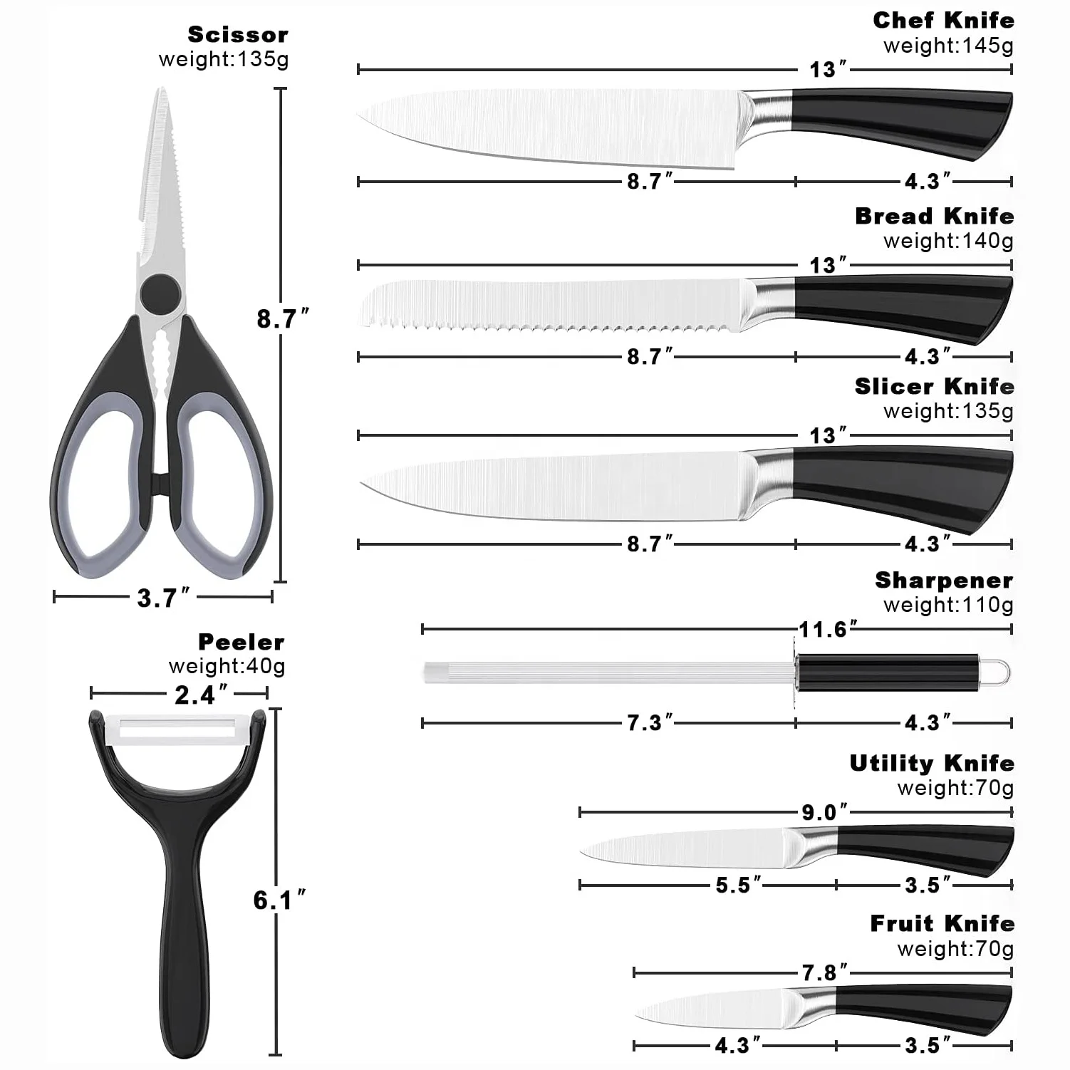 Stainless Steel Hollow Handle Self Sharpening Kitchen Knife Set with Finger Protection&Acrylic Stand-Best