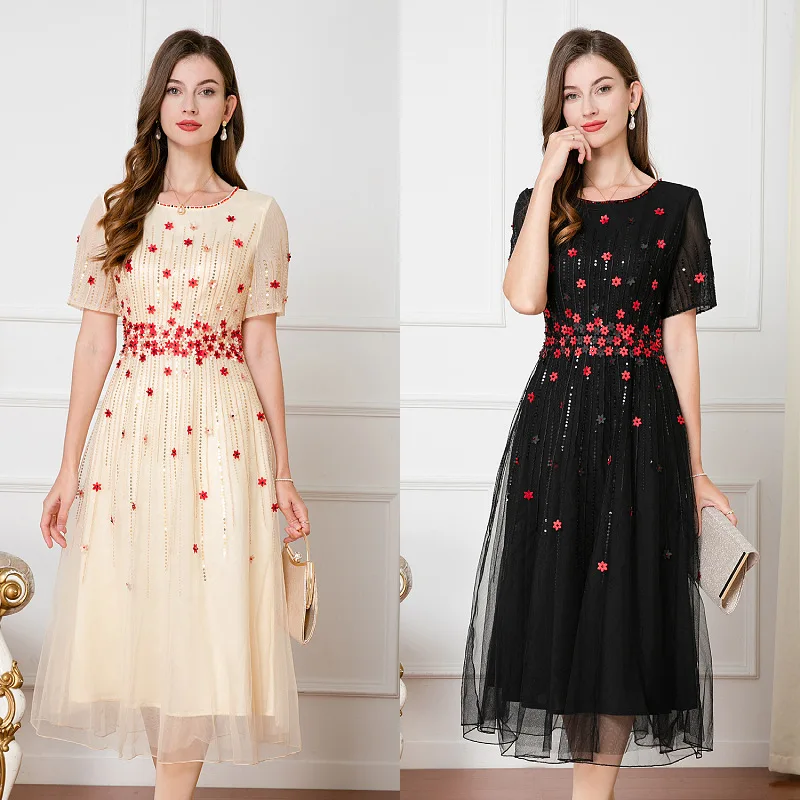 Plus Size Women Clothes 2024 Summer Cocktail Party Women Luxurious Embroidery Short Sleeve Midi APricot Black Bride Mother Dress