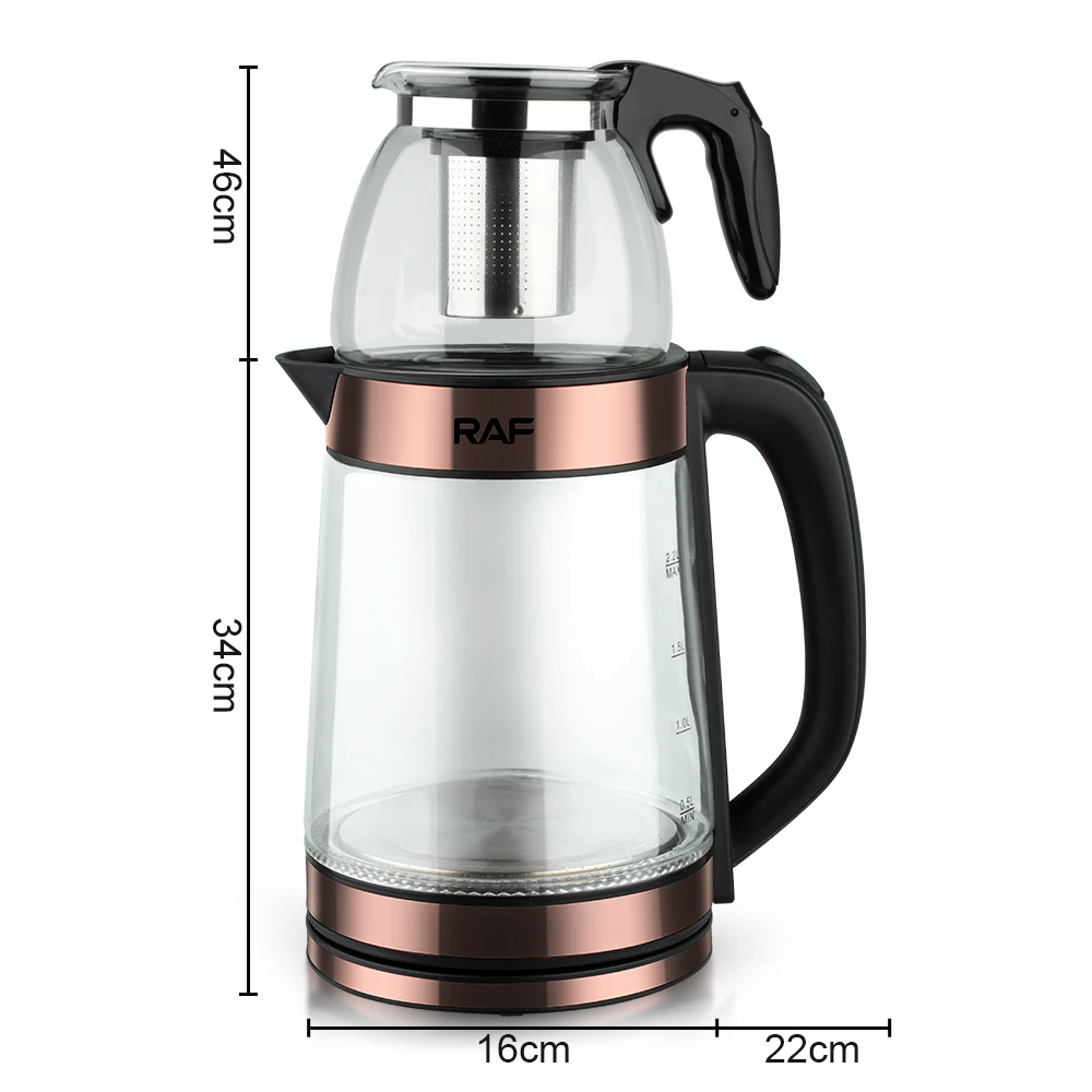 RAF Hot Selling Multifunction 0.5L+2.2L Russian Turkish Double Glass Pot Electric Tea Pot Electric Kettle Samovar with Infuser
